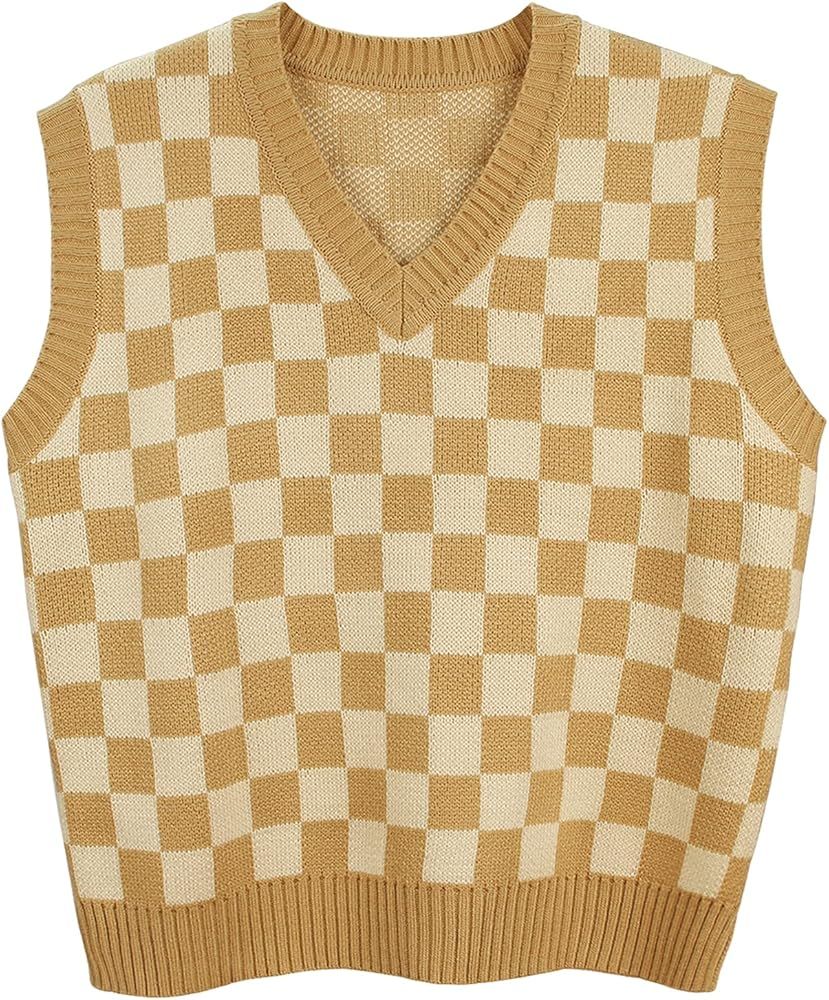 Gulajia Oversized Women Houndstooth Pattern Knit Sweater Vest Sleeveless Loose V-Neck 90s Waistco... | Amazon (US)