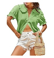 Tankaneo Womens Puff Sleeve Shirts Peter Pan Collar Button Down Cotton Blouse Casual Summer Textu... | Amazon (US)