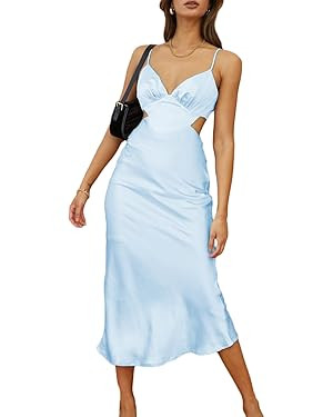 Women's Fall Satin Backless Maxi Dress Silk Cut Out V Neck Slip Tie Back Formal Cocktail Midi Dre... | Amazon (US)