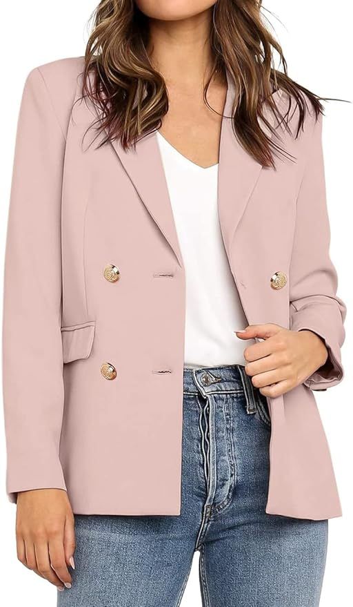 Vetinee Women's Lapel Pockets Blazer Suit Long Sleeve Buttons Work Office Jacket | Amazon (US)