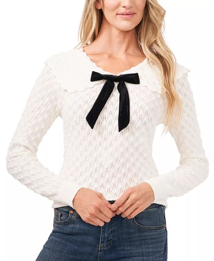 CeCe Pointelle Bow-Detail Cotton Sweater & Reviews - Sweaters - Women - Macy's | Macys (US)