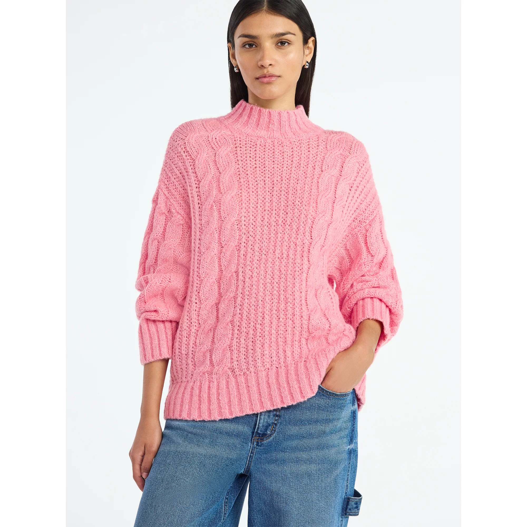 Scoop Women’s Oversized Cable Knit Sweater, Midweight, Size XS-XXL | Walmart (US)