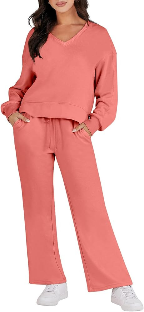 Caracilia Women's Two Piece Outfits Matching Sets Long Sleeve Pullover Tops and Wide Leg Pants Tr... | Amazon (US)