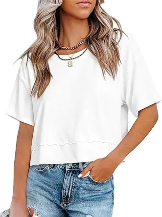 Womens Short Sleeve Cropped T Shirts Crew Neck Trendy Tops Casual Solid Loose Fit Basic Tees | Amazon (US)