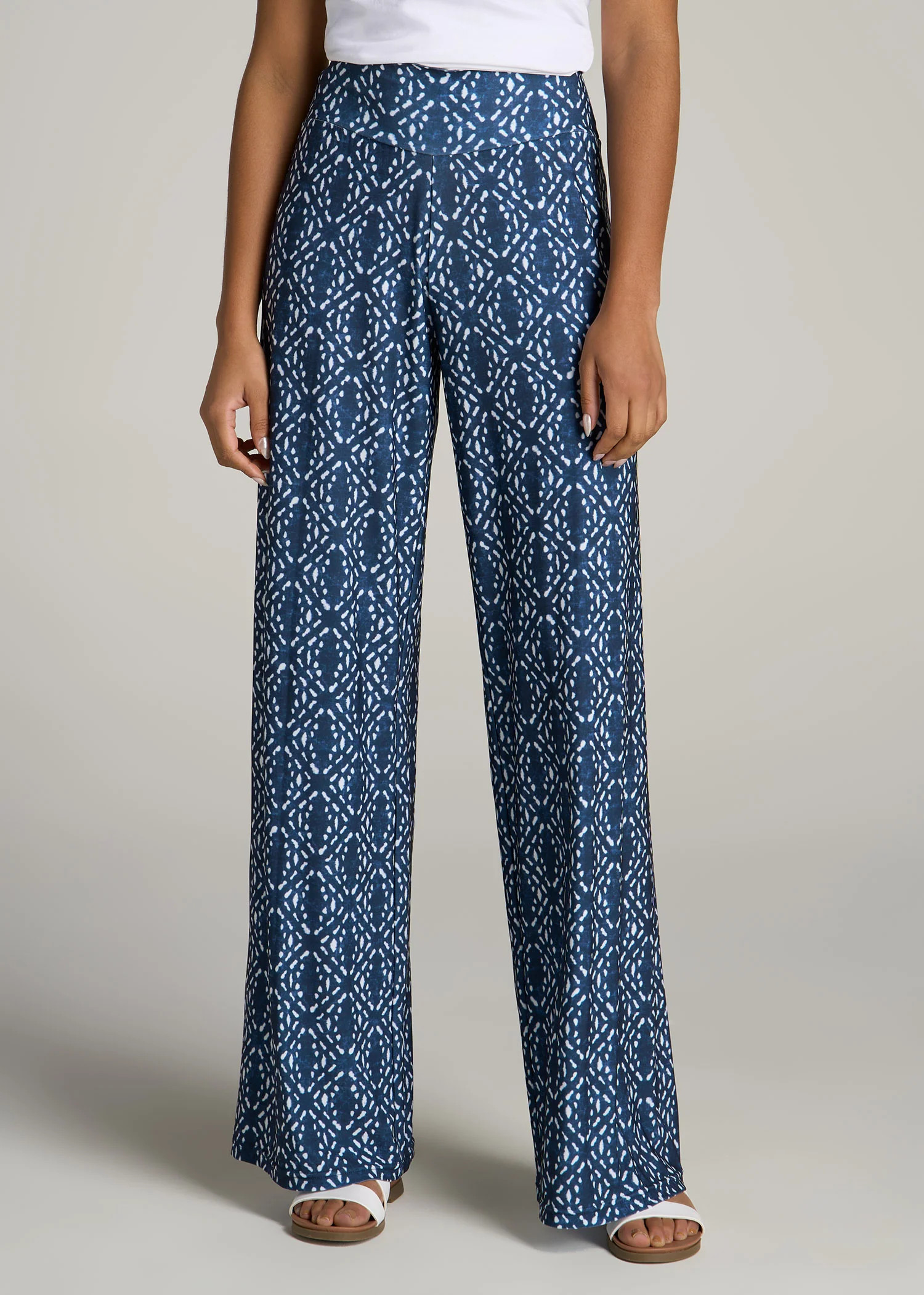 Pull-On Breezy Wide Leg Pants for Tall Women in Indigo Tribal Print | American Tall