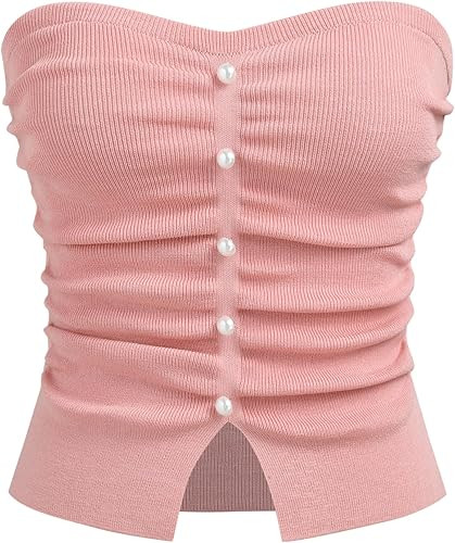 CIDER Women's Faux Pearl Split Ruched Knit Crop Top for Women Summer | Amazon (US)