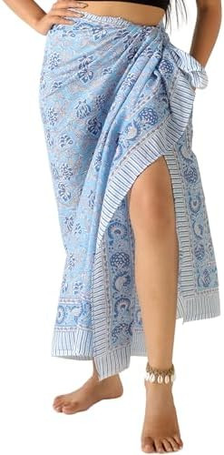 100% Cotton Sarong Cover Up for Women Indian Block Print Beach Wrap Skirt Long Boho Swimsuit Biki... | Amazon (US)