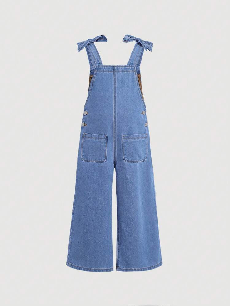 SHEIN Toddler Girls' Blue Denim Wide Leg Dungaree Pants | SHEIN