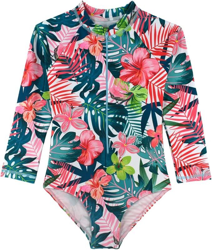 Kids Girls Rash Guard Long Sleeve One Piece Swimsuits Zipper Bathing Suits UPF 50+ Tropical Plant... | Amazon (US)