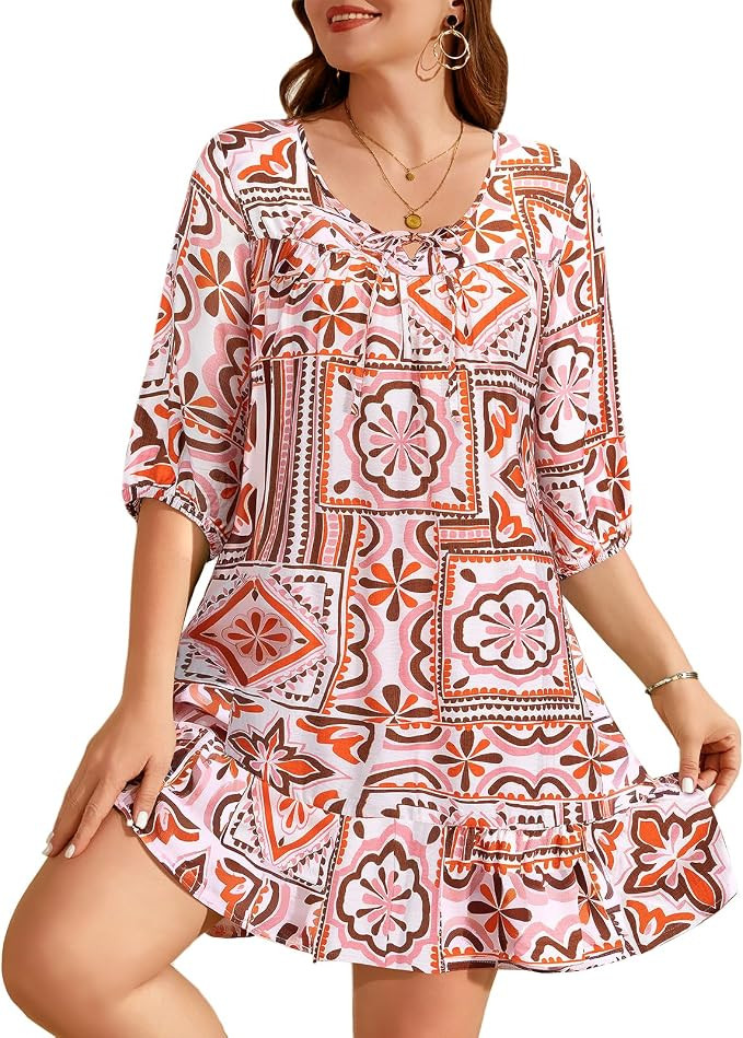 Women's Plus Size Summer Dresses 3/4 Sleeve Crew Neck Dress Casual Beach Cover Up Casual Sundress | Amazon (US)