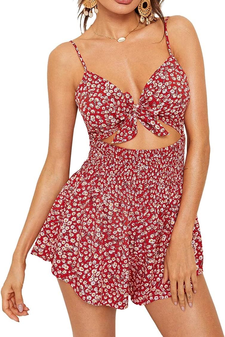 SheIn Women's Sleeveless V Neck Tie Front Jumpsuits Shirred Printed Cami Rompers | Amazon (US)
