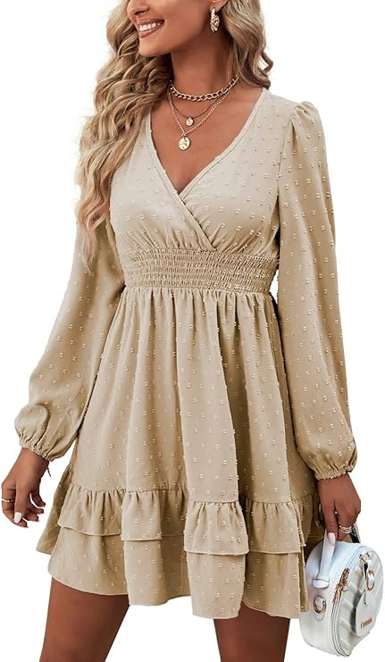 Rooscier Women's Wrap V Neck Swing Ruffle Swiss Dots Long Sleeve Mini Dress | Amazon (US)