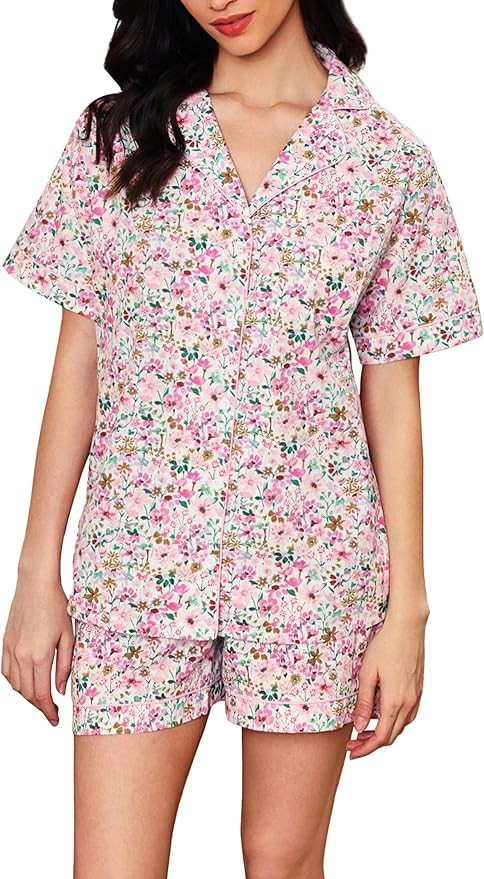 LUBOT 100% Cotton Pajamas for Women 2 Piece PJ Set Woven Poplin Ladies Button Down Short Sleeve S... | Amazon (US)