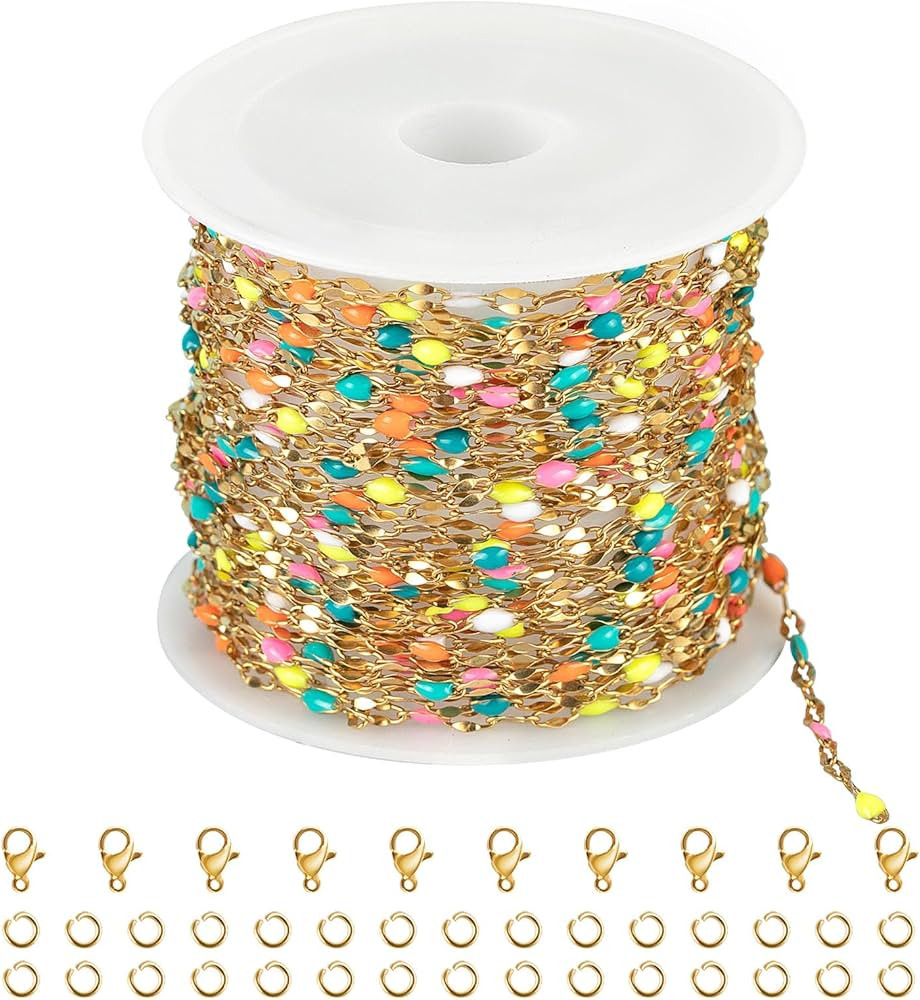 Kyutong 16.4 Feet Gold Plated Stainless Steel Chain Necklace Colorful Enamel Beaded Chains Bulk T... | Amazon (US)