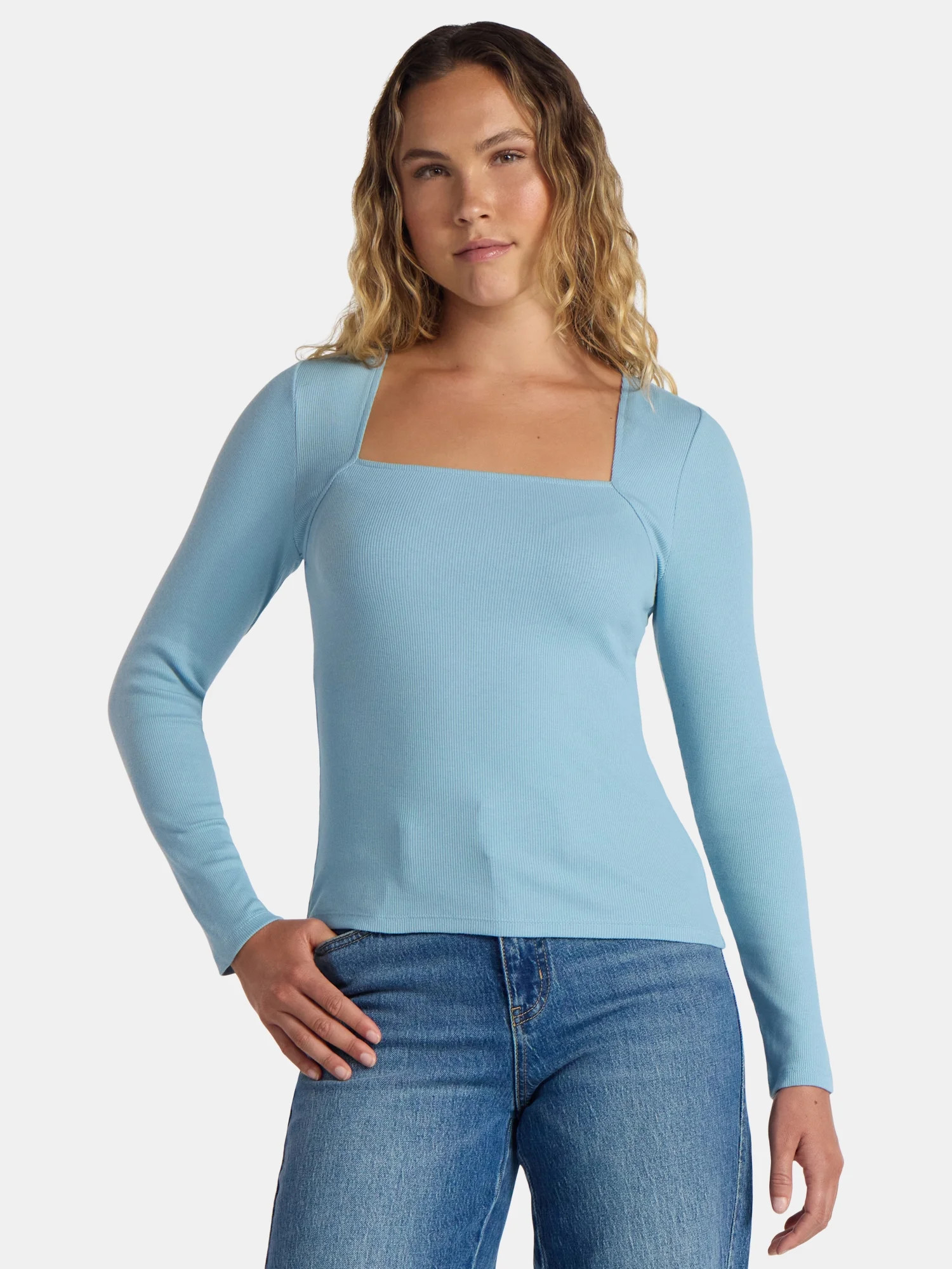 Time and Tru Women's Ribbed Square Neck Top with Long Sleeves, Size XS-XXXL | Walmart (US)