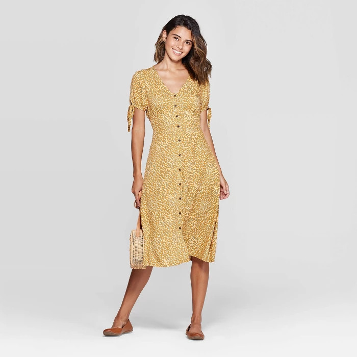 Women's Short Sleeve V-Neck Button Front with Tie Midi Dress - Universal Thread™ Yellow | Target