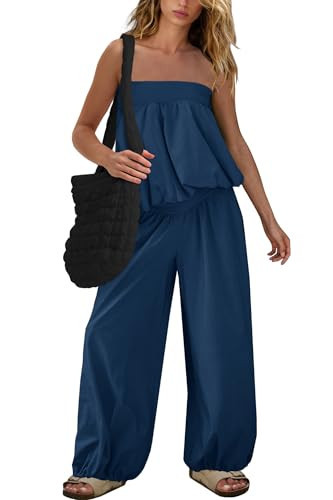 SENSERISE Pants Sets Women 2 Piece Outfits Bubble Off Shoulder Strapless Tube Top Wide Leg Pants Cute Summer Sets(Navy Blue,XS) | Amazon (US)