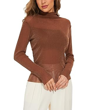 KICZOY Women See Through Tee Tops Long Sleeve T Shirt Sexy Mesh Sheer Mock Neck Layering Lace Tsh... | Amazon (US)