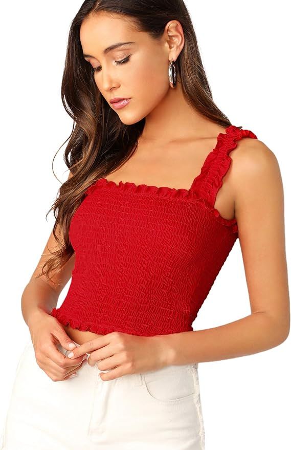 SheIn Women's Casual Frill Smocked Crop Cami Tank Shirred Strap Sleeveless Top | Amazon (US)