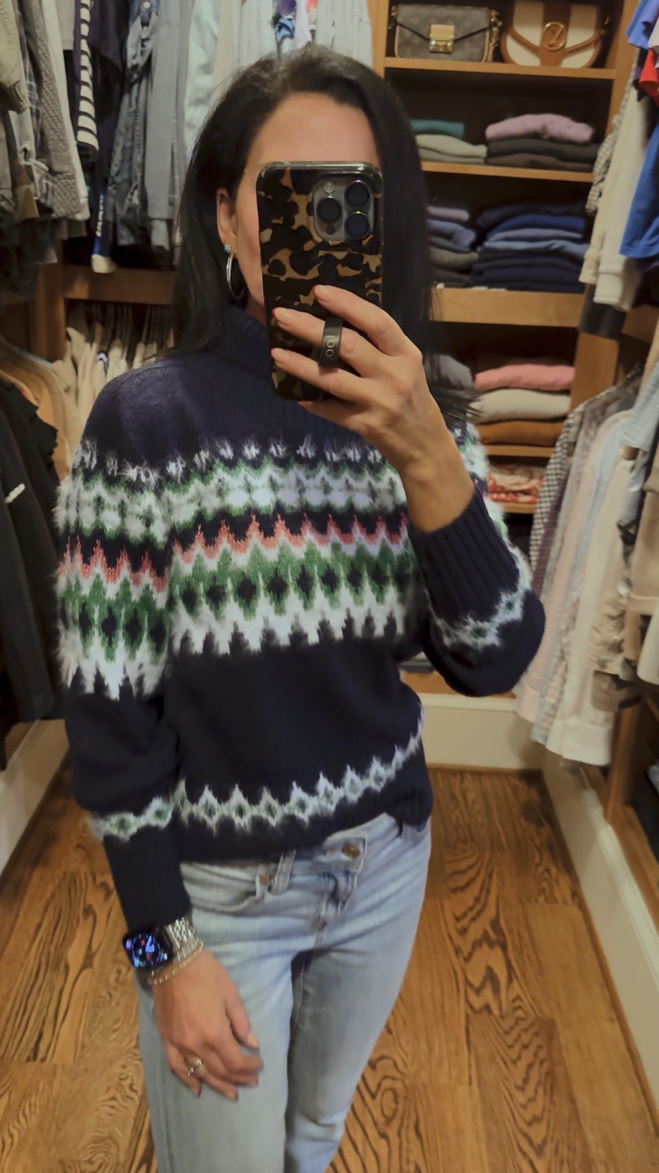 A classic Fair Isle pattern with added shimmer and not to light /not to heavy feel! Free Assembly from Walmart.  Wearing XS

#LTKOver40 #LTKFindsUnder50 #LTKStyleTip