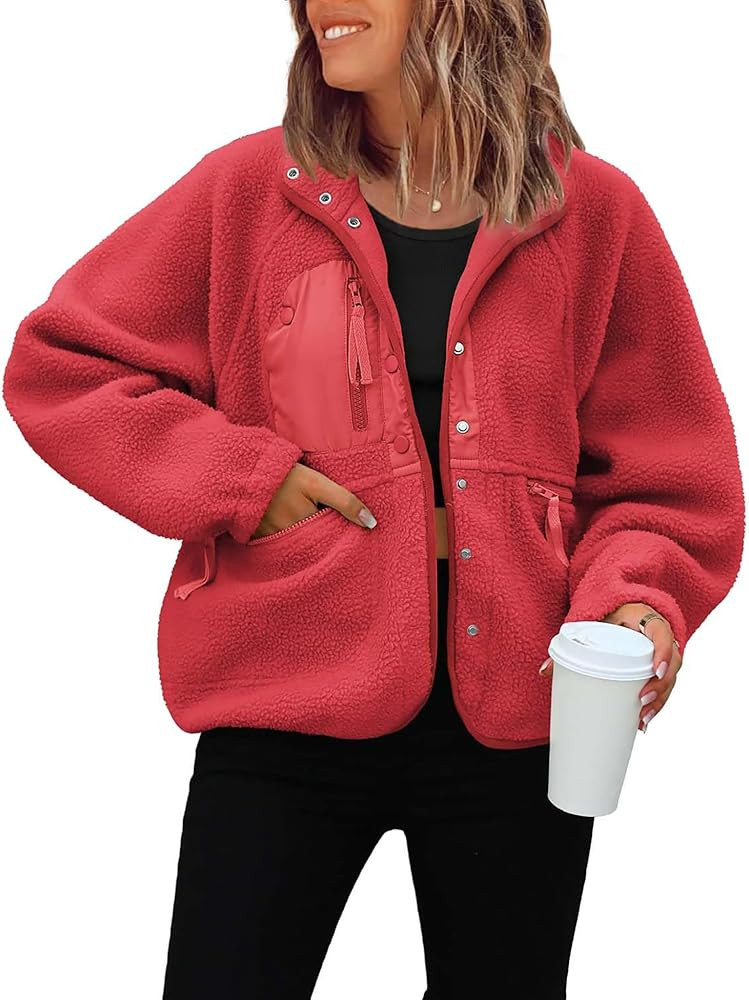 ReachMe Womens Sherpa Jacket Casual Lapel Button Down Cropped Fuzzy Fleece Jackets Long Sleeve Wi... | Amazon (US)