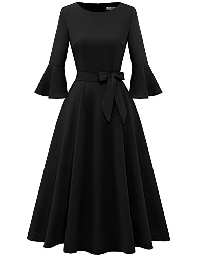 Women's Black Midi Church Dress for Funeral Long Sleeve Formal Cocktail Dress,M | Amazon (US)