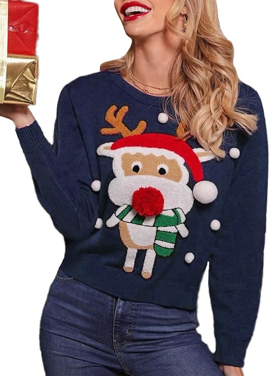 Amegoya Women's Funny Ugly Christmas Knitted Sweaters Crewneck Cute Reindeer Sweater Pullover for... | Amazon (US)