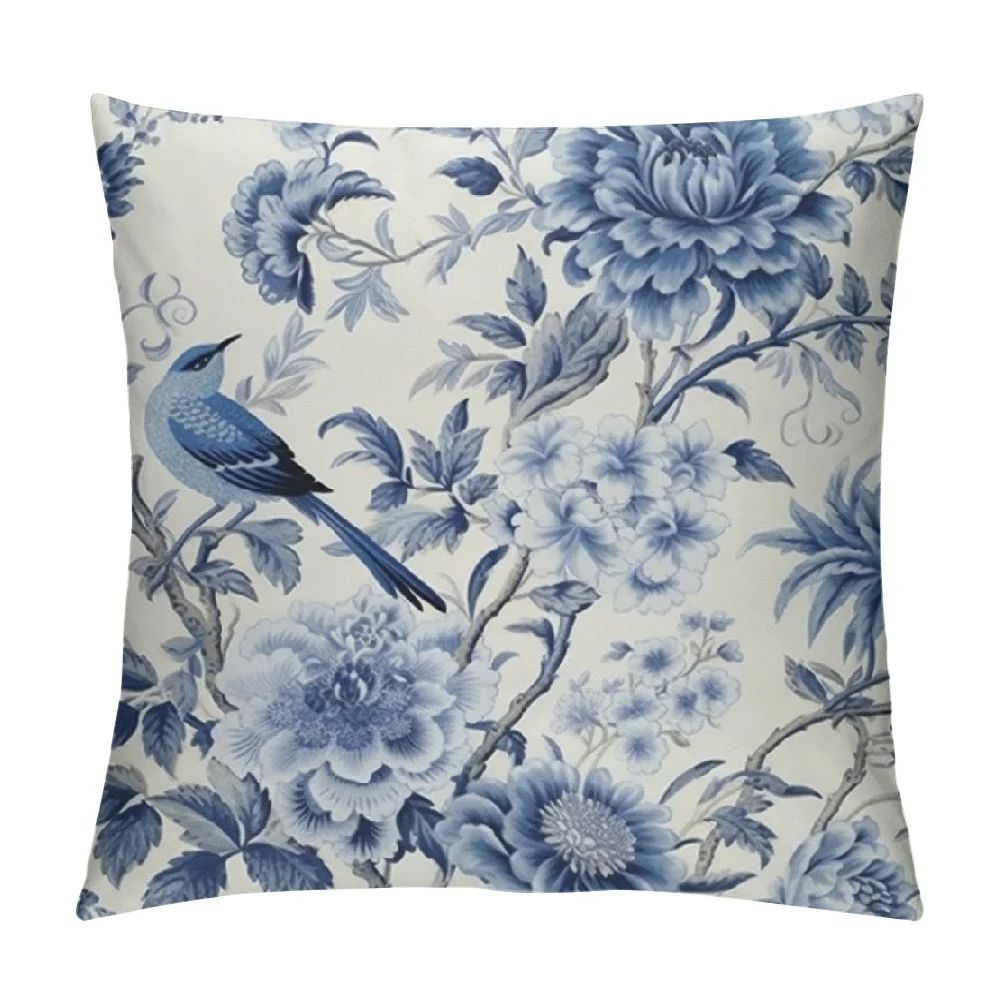 COMIO Chinoiserie Pillow Covers  Blue and White Outdoor Pillows Blue Birds Flowers Throw Pillow C... | Walmart (US)