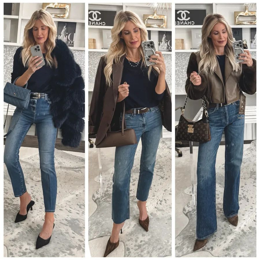 If you’re building a chic winter wardrobe, you need a great cashmere sweater… and this one from Quince is seriously one of my best finds. 🤍 This is their Shrunken Cashmere Sweater and I wear it ALL the time. It’s real cashmere, insanely soft, and the price is honestly hard to believe. Plus it comes in several colors, but I’m especially obsessed with this navy blue shade. Styled 3 ways: ✨ Look 1: with my L’Agence cigarette jeans (SO slimming + so comfortable) and a navy faux fur for that polished winter vibe. ✨ Look 2: paired with the Quince chocolate brown leather blazer and their $50 straight leg jeans… such a good high-low look. ✨ Look 3: with my Citizens of Humanity high-waisted wide leg jeans and this gorgeous chocolate faux fur sleeved Moto jacket for an elevated outfit. Everything runs true to size — I’m wearing an XS in the sweater, 24 in all denim, and XS in all jackets. Comment below and tell me… which look is your favorite? And how would YOU style this fab cashmere sweater.  

 

#LTKgrwm #LTKootd #LTKOver40