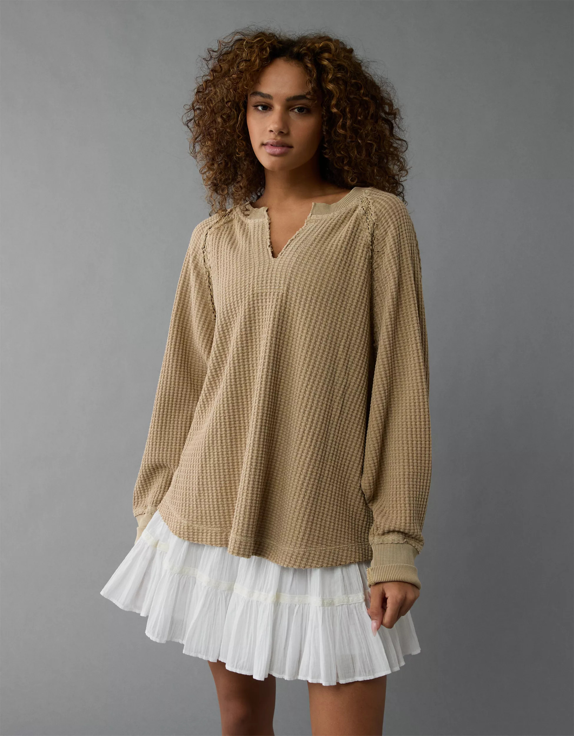 AE Big Hug Notch Neck Waffle Sweatshirt | American Eagle Outfitters (US & CA)
