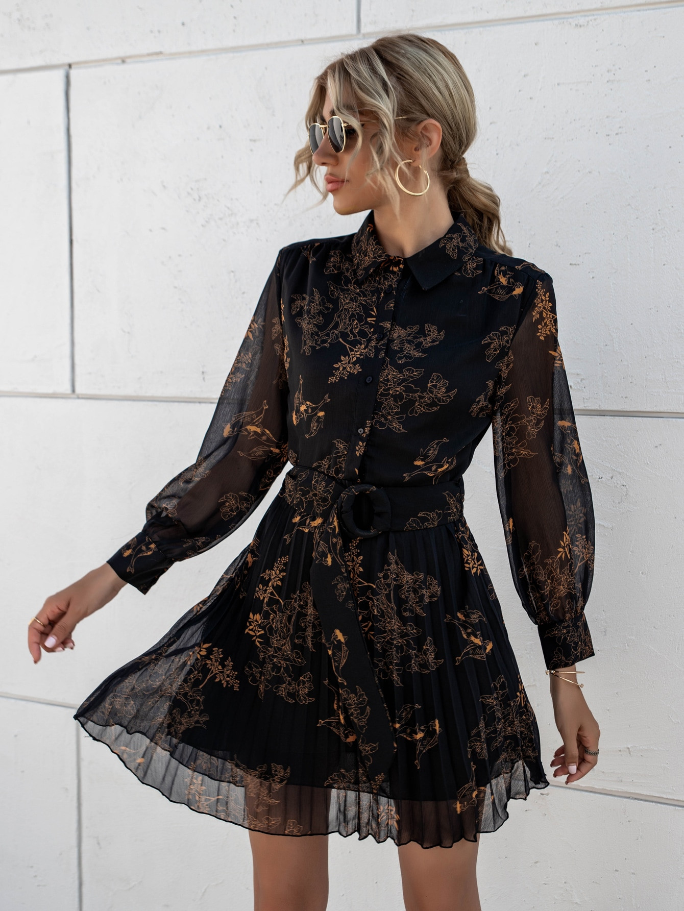TrendsSHEIN Privé Flower Print Belted Button Front Dress | SHEIN