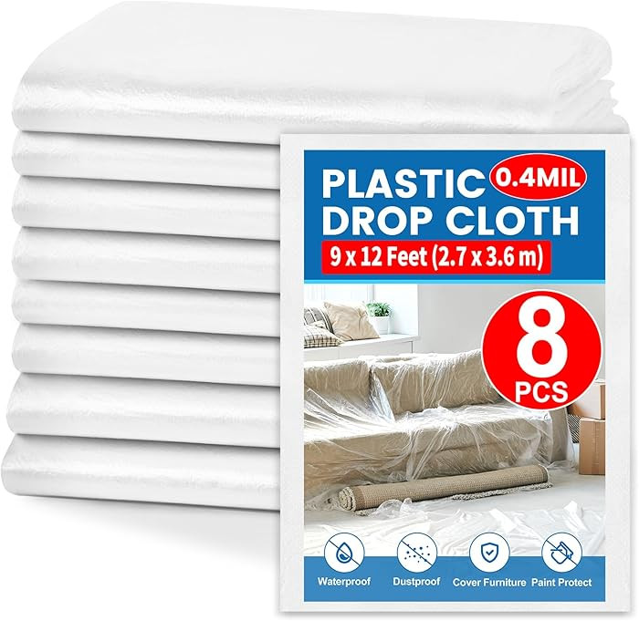 8 Pack Plastic Drop Cloth, 9 x 12 Feet Plastic Sheeting, Painter's Sheeting & Tarps for Painting,... | Amazon (US)