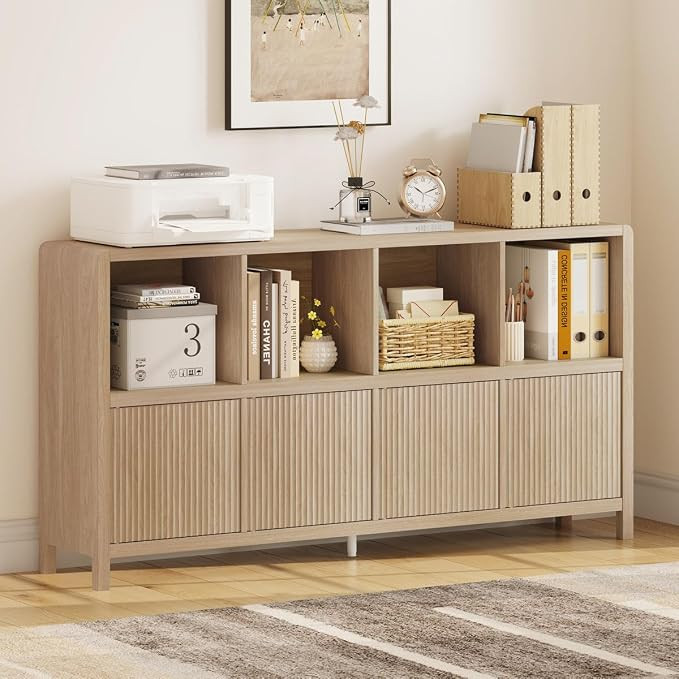 8 Cube Bookshelf with 4 Doors, Modern Mid Century Wood Book Shelf with Storage, Low Horizontal Cu... | Amazon (US)