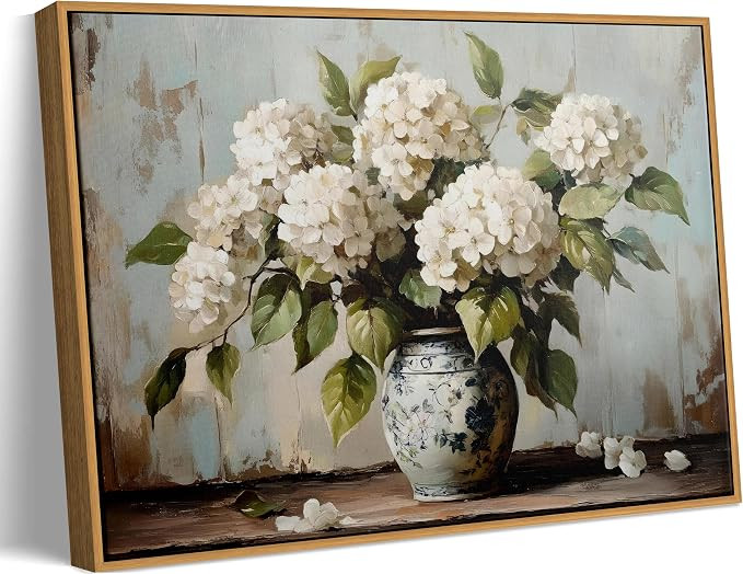 Framed Rustic White Hydrangea Canvas Wall Art Vintage Hydrangea Floral Painting Farmhouse Flower ... | Amazon (US)