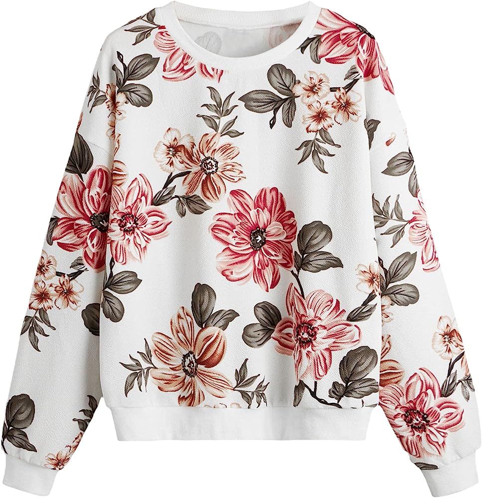 Romwe Women's Casual Floral Print Long Sleeve Lightweight Sweatshirt Pullover | Amazon (US)