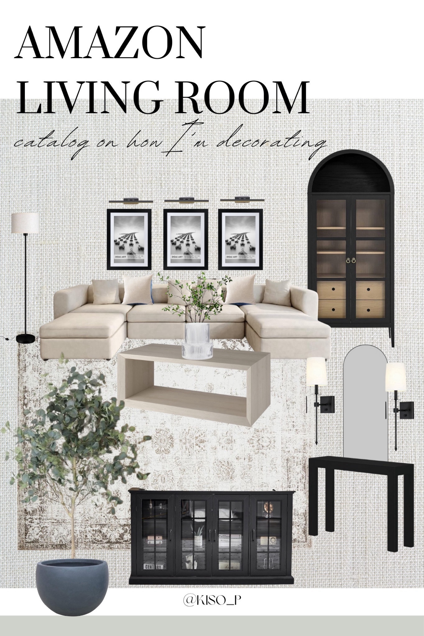 Earthy/Neutral/Contemporary/Modern/Cozy 
My complete Amazon living room catalog design of how I’m decorating my family living room space - affordable living room decor inspo for you. 
Sofa
Coffee table
Floor lamp 
Wall Poto frames 
Photo wall spotlight
Arched display cabinet 
Area rug
Vase
Greenery stems
Eucalyptus tree 
Round planter 
Glass display cabinet 
Entry table 
Mirror 
Wall scones 

#LTKMostLoved #LTKhome #LTKstyletip