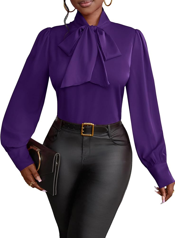 Vrtige Women's Elegant Bow Tie Neck Long Sleeve Blouse Office Shirt Top | Amazon (US)