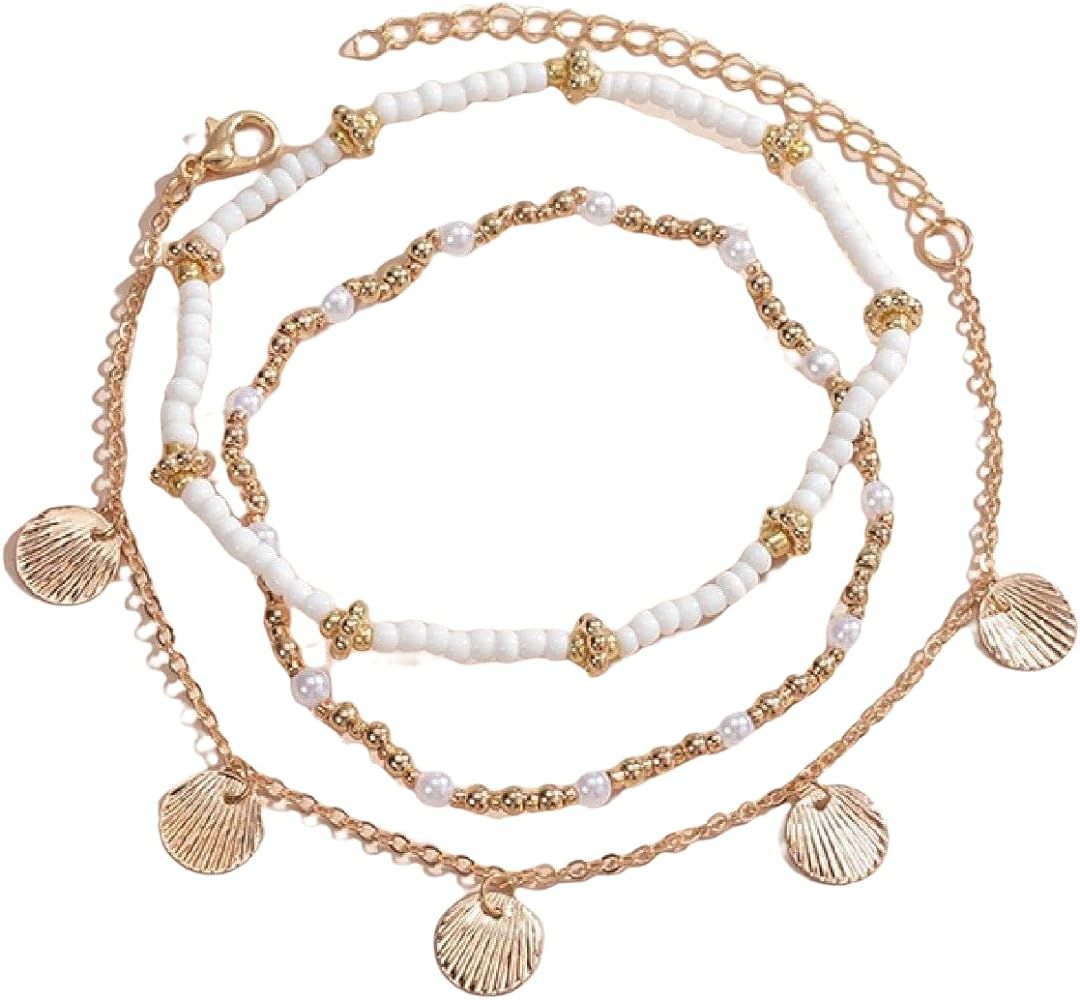 WDIRARA Women's 3 Pieces Shell Faux Pearl Bead Sequin Round Charm Layered Adjustable Anklet | Amazon (US)