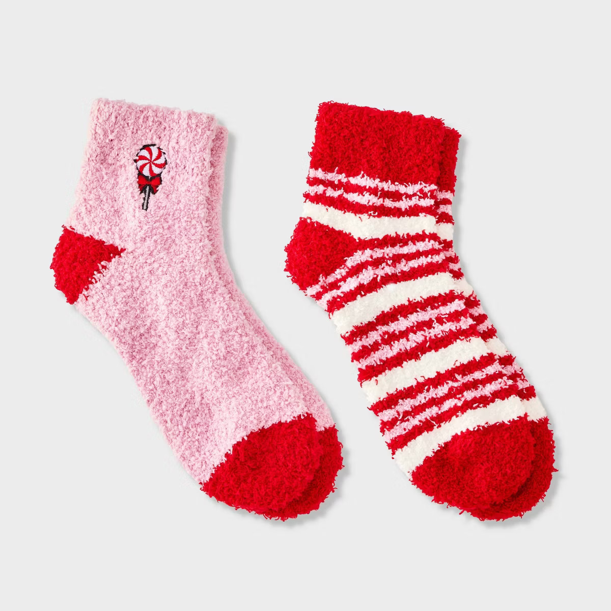 Women's Embroidered Peppermint Lollipop Christmas 2pk Cozy Ankle Socks - Pink/Red/Ivory 4-10 | Target