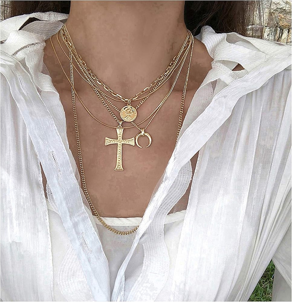 Gold Layered Necklace for Women, 14K Gold Plated Coin Cross Pendant Necklace Chunky Chain Choker ... | Amazon (US)