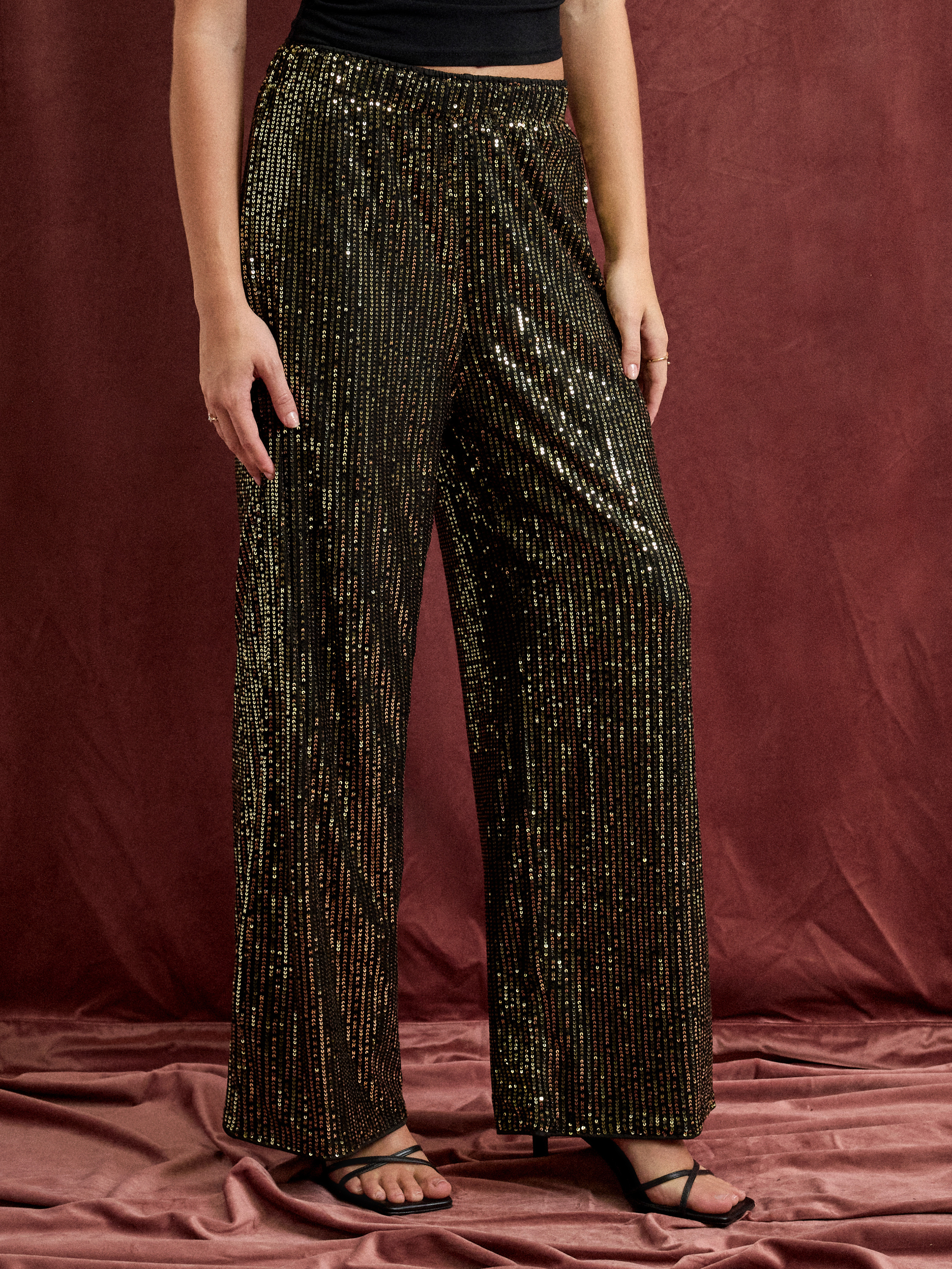 Sequins Sequins Mid Rise Wide Leg Trousers  For Daily Casual | Cider