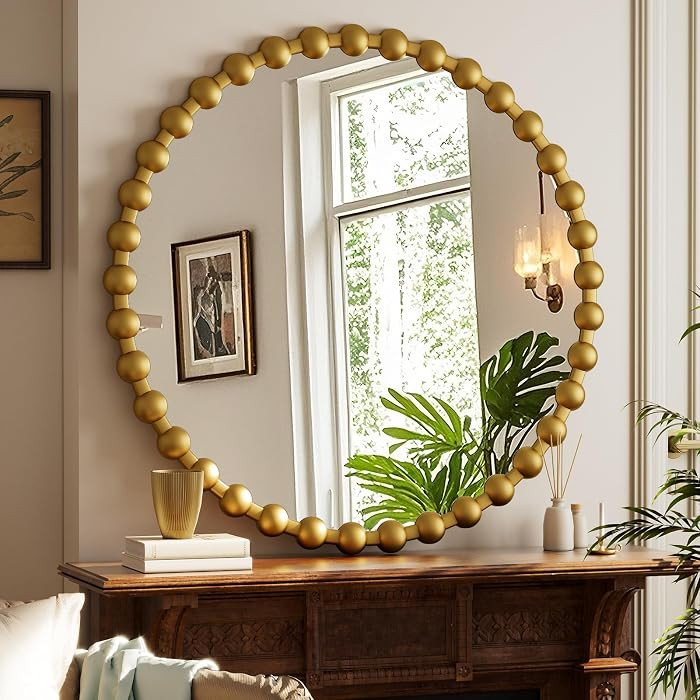 Easly Round Mirror for Wall, 36 Inch Gold Beaded Frame Decorative Vanity Mirror, Circle Bathroom ... | Amazon (US)