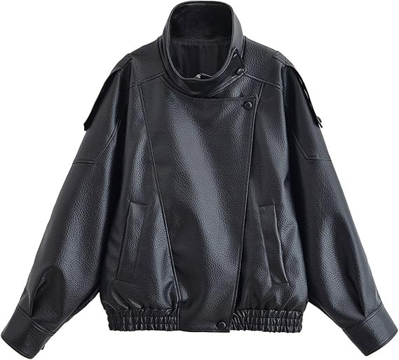FindThy Women’s Oversized Faux Leather Jacket Casual High Collar Long Sleeve Zip Up Fall Fashio... | Amazon (US)