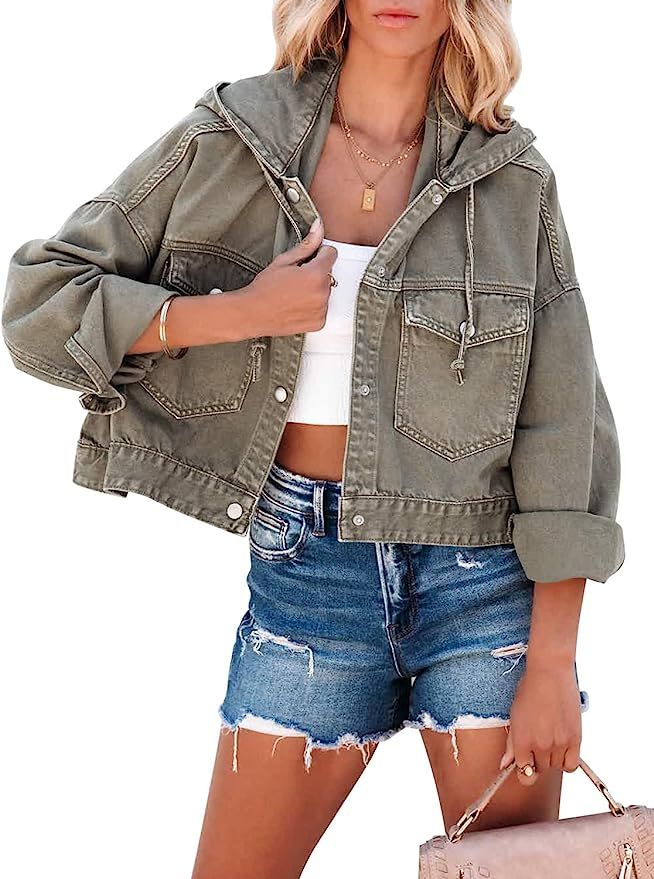 Jean Jacket Women Cropped Denim Jacket Distressed Hooded Long Sleeve Button Down Mid Long Khaki T... | Amazon (US)