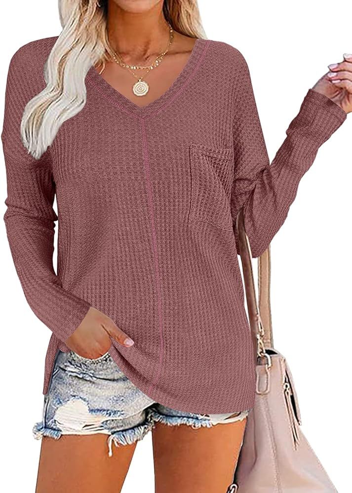 MIHOLL Women's Long Sleeve Shirt V Neck Waffle Knit Loose Blouse Tunic Tops | Amazon (US)