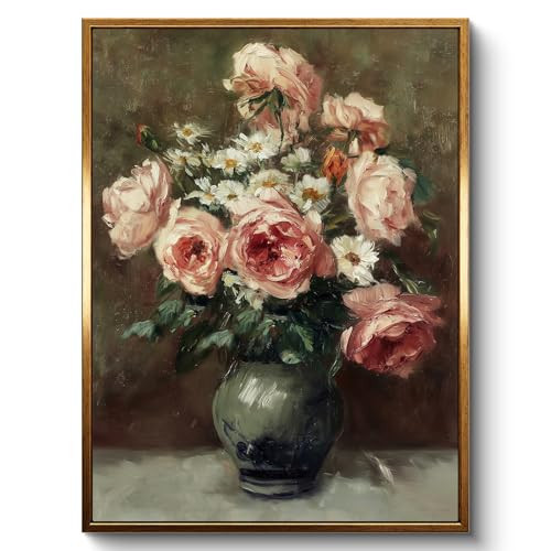 InSimSea Golden Framed Vintage Canvas Wall Art Pink Roses and Daisies in Vase Print For Bedroom, Classic Romantic Peony Floral Still Life Artwork Painting Farmhouse Home Decor 12"x16" | Amazon (US)