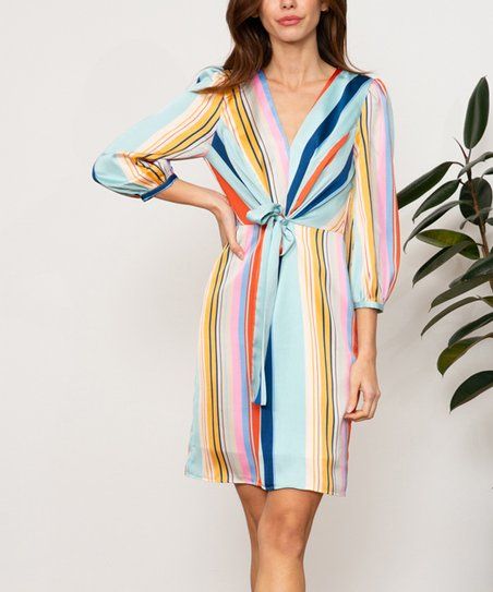 Blue & Goldtone Multicolor Stripe Harlow Long-Sleeve V-Neck Shift Dress - Women | Zulily