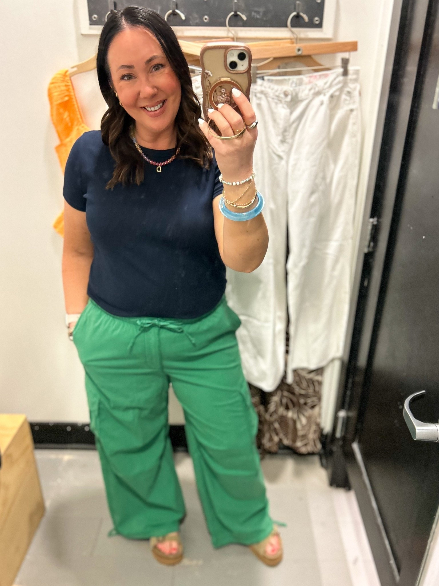 30-50% off at Ae & Aerie! Large low rise cargo parachute pants. No weird swishing sound with these and love that the bottoms can be cinched if you want to wear them that way. Large. Found this green color in store. Other colors online. XL Walmart tee.

#LTKMidsize #LTKPlusSize #LTKmomlife
