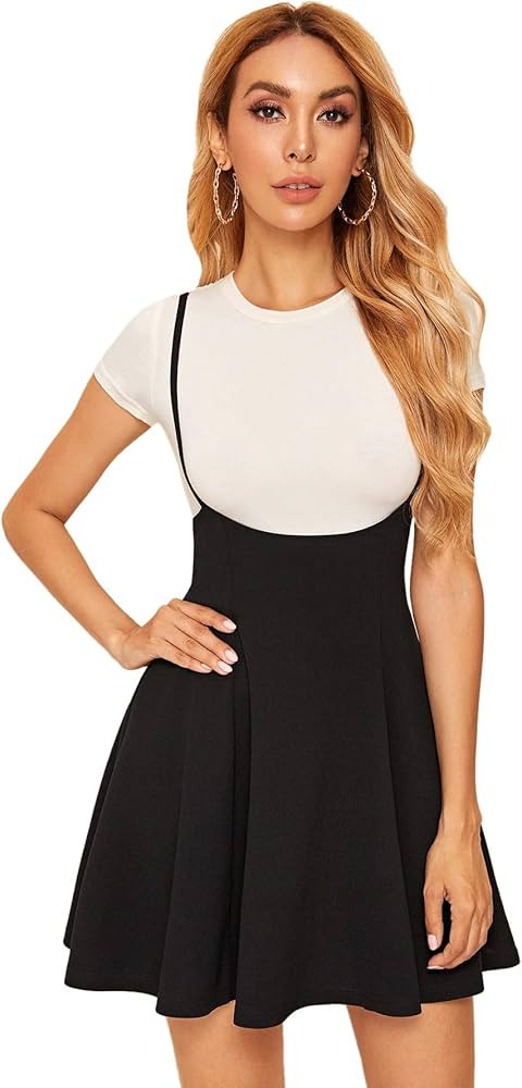 SheIn Women's Basic High Waist Flared Suspender Skirt Overall Dress Without Tee | Amazon (US)