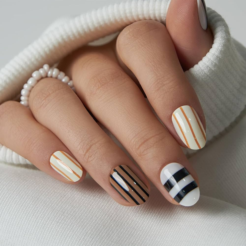 CurvLife Press On Nails Short Oval \u2013 32Pcs Neutral Stripe Fake Nails, Soft Gel Beige Brown B... | Amazon (US)